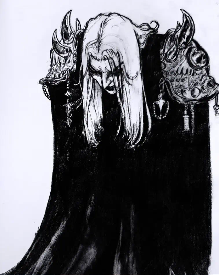 Pencil sketch of a dark fantasy metalhead wizard
